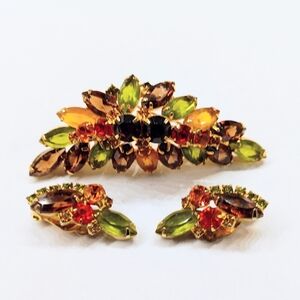 Juliana DeLizza & Elster Fall Colors Rhinestones Brooch and Earrings Set.